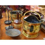 A brass coal scuttle, beam scales, brass jardiniere, stoneware bottle and a spear head (5)