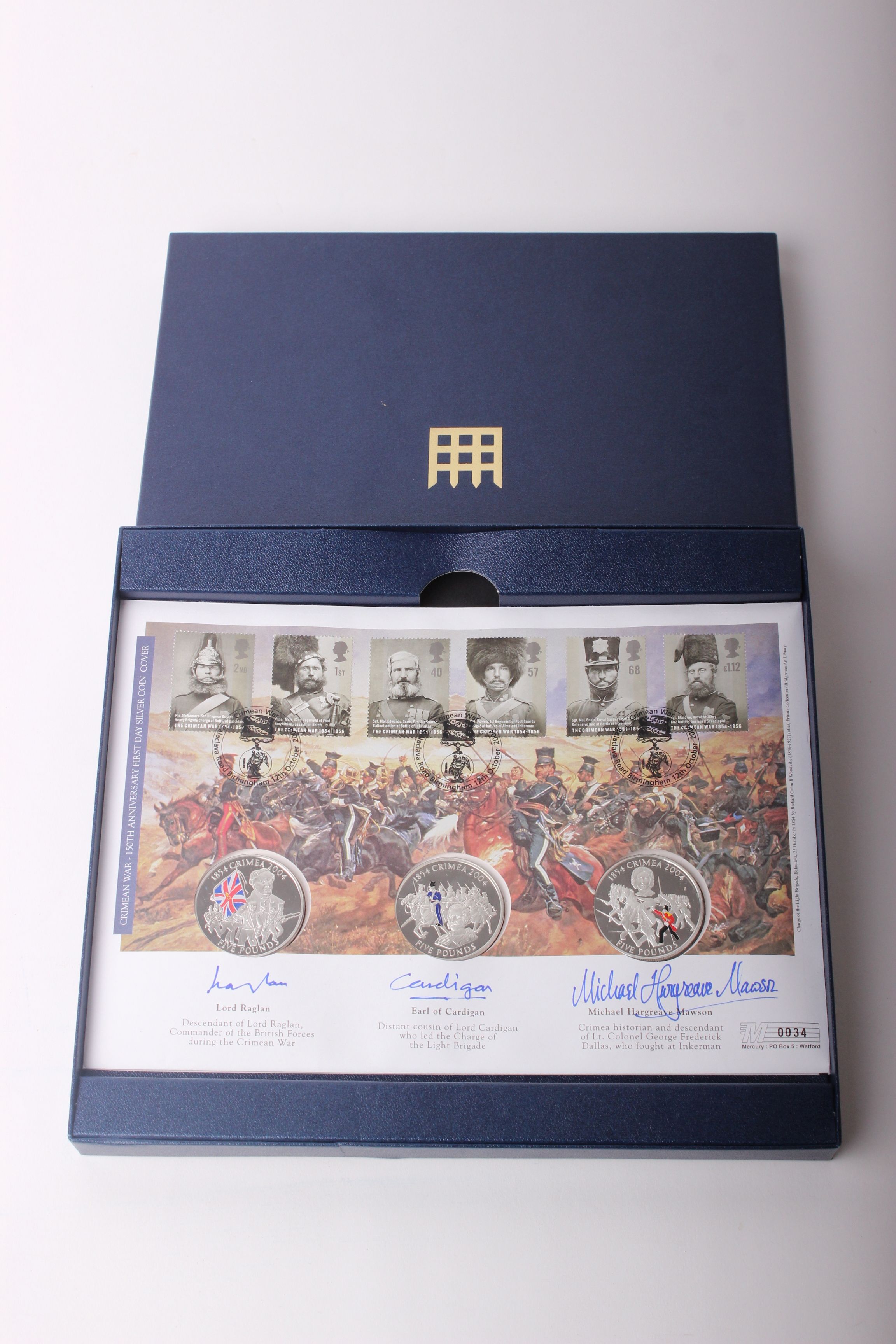 Westminster Crimean War Triple signed silver coin cover boxed set; three Royal Mint 2004 silver £5