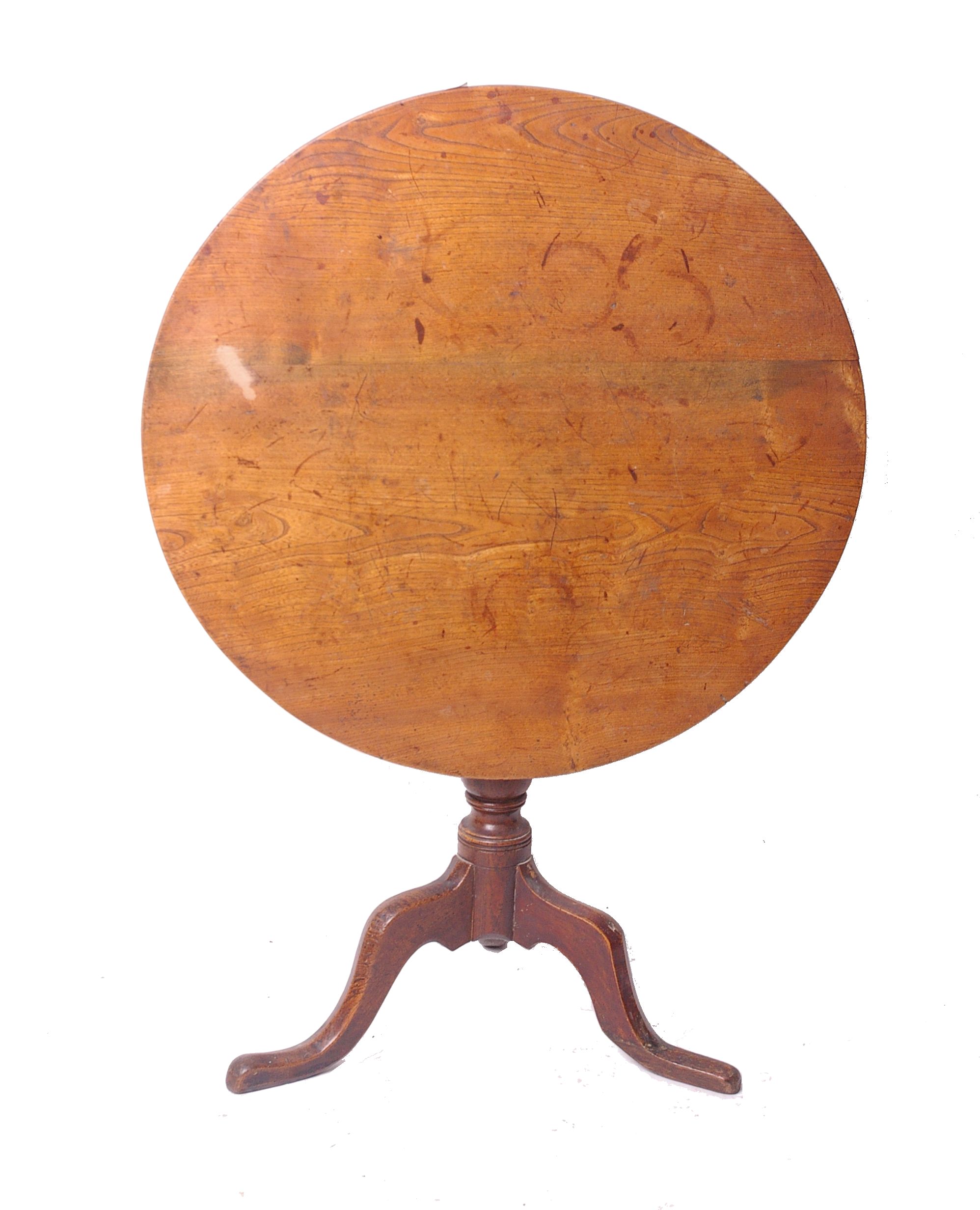 A George III oak tilt top tripod table on turned column and splayed legs with pad feet 71cm high,