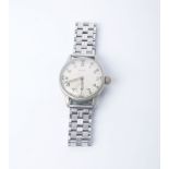 A military nickel-cased round wristwatch, the silvered dial with Arabic and dot indicators and