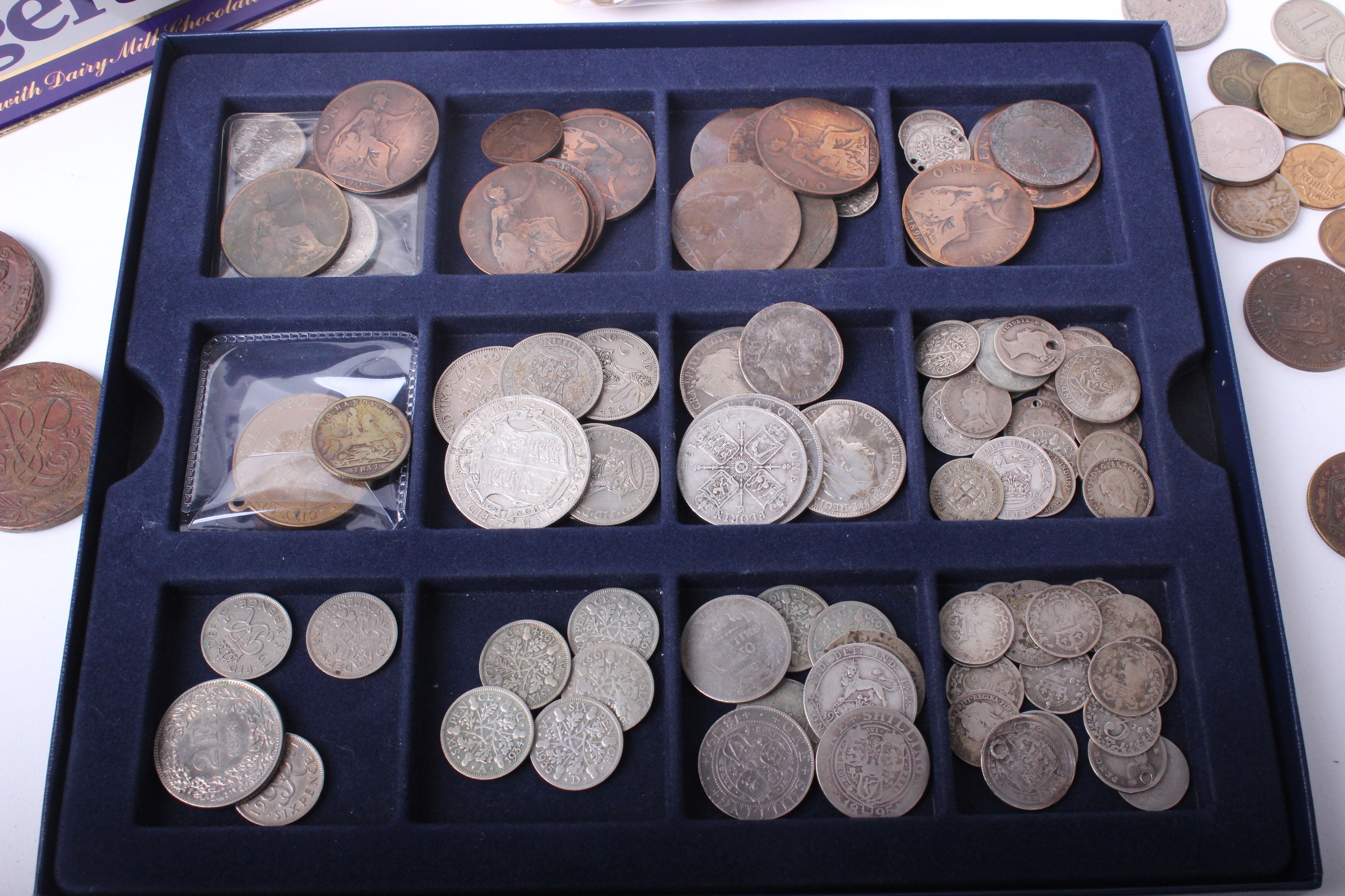 Mixed coins; a box containing GB some pre- 1946 silver and a tin with world wide collection part