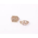 Two gentleman’s 9ct bi-colour gold rings, comprising; a signet ring, the square head decorated