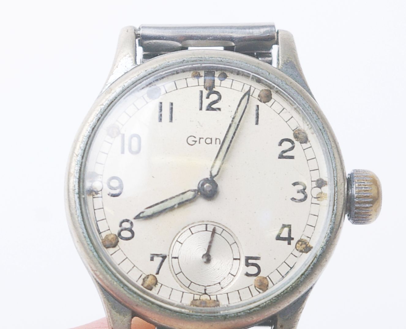 A military nickel-cased round wristwatch, the silvered dial with Arabic and dot indicators and - Image 3 of 3