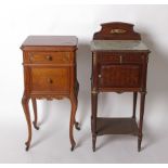Two French late 19th Century bedside cupboards each with variegated marble top, one gilt metal