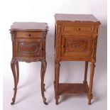 A matched pair of French late 19th Century bedside cupboards each with variegated marble top, frieze