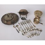 A collection of plated items including a shaped round and gadrooned salver on three scroll feet,