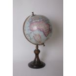 A Victorian style globe on stand, three framed photographs, drawing instruments etc (one tray)