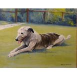 Barrie Perkins a recumbent Irish wolfhound oil on board, together with further works depicting