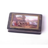 A 19th century Swiss tortoiseshell and enamel snuff box, the cover inset with a rectangular