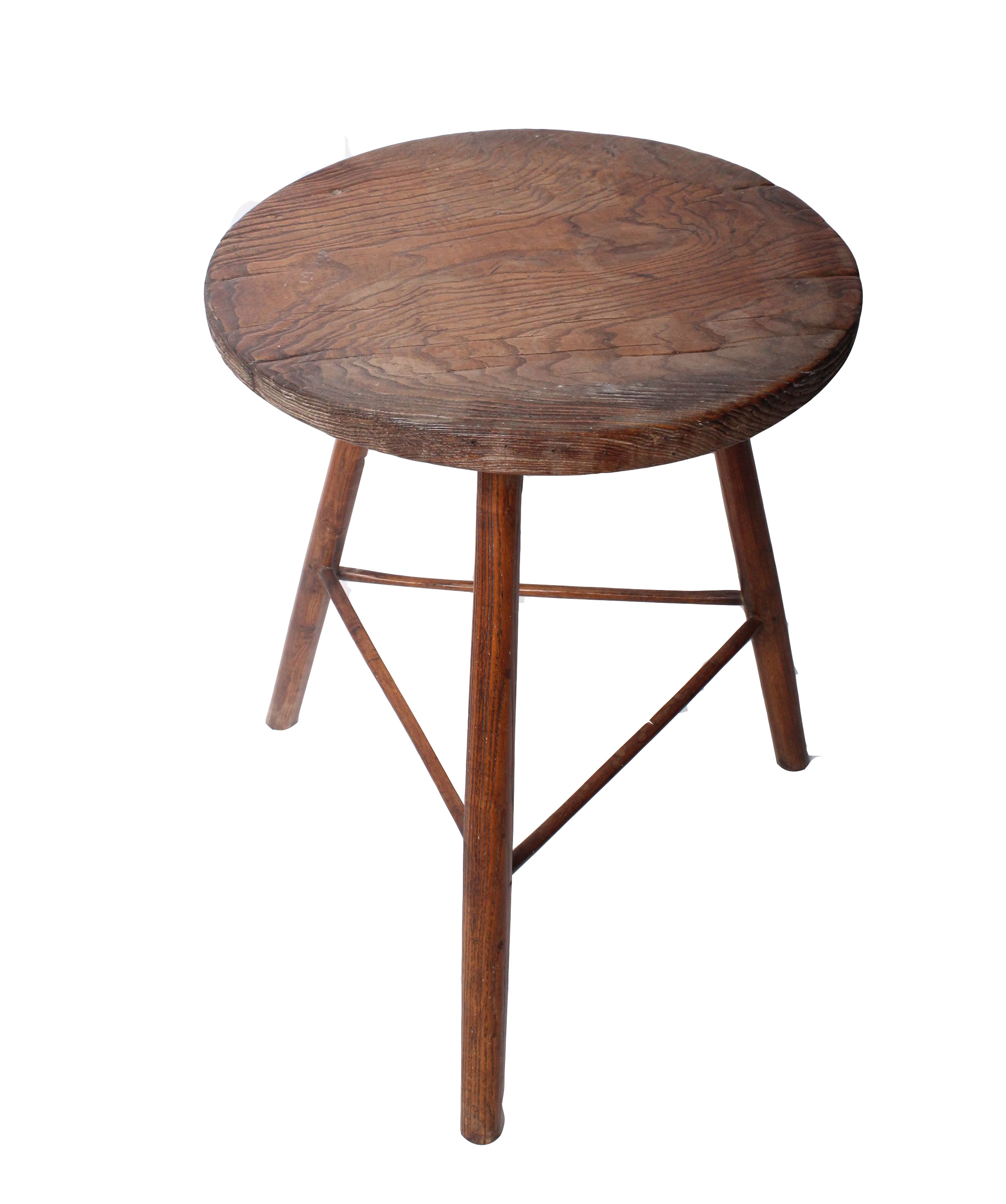 An 18th century elm dish top table on three legs with all round stretchersTop diameter 50cm, 66cm