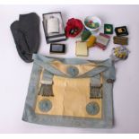 Mixed Lot: pewter hip flask (modern), AA car badge, Masonic apron, bag of marbles (modern),