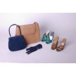 A 1960s blue suede handbag; a pair of blue net gloves, a pair of Terry de Havilland green