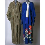 A Japanese 20th Century blue kimono with a cream lining and printed flower decoration; a colourful