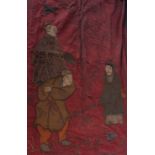 Two early 19th Century Japanese panels, the first embroidered with three figures onto red silk