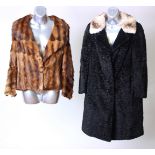 An F K Bauers fawn and cream mottled fur coat with a mink collar; a 1940s fox fur cape with a