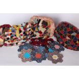 A 19th Century velvet crazy patchwork tea cosy embellished with small glass beads; together with a