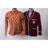 Two maroon school blazers; two 1950s tweed jackets, a pair of black woollen button-fly trousers, a