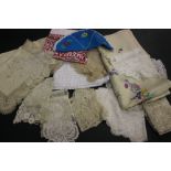 A collection of lace and household linens, to include two narrow lace stoles, a circular Maltese