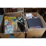 A collection of comics including Marvel Group (1 box) and a box of collectors cards including Bubble