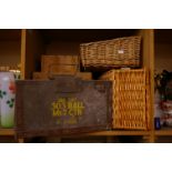 A picnic hamper with contents, a cane work display basket, two vintage wooden boxes and a