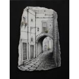 Ostuni La Citta Blanca, a mounted decorated tile, 35 x 28cm a photograph of Venice and two further