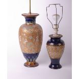 Two Doulton Lambeth Slaters patent lamps, converted from vases (sold as parts)