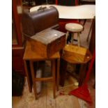 A teak drop leaf table, a Singer manual sewing machine, a Victorian table box (af), milking stool,