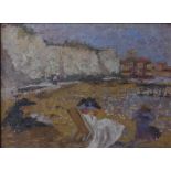 20th Century SchoolBeach SceneOil on boardUnsigned, label verso 21 x 29cm