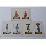 A set of three Indian hand coloured prints, 19th Century, each in native dress, each sheet 19 x 24cm