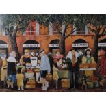 A pair of coloured prints depicting French market and cafe scenes, 60 x 46cm