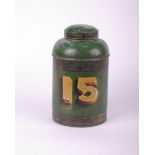 A 19th Century japanned tea cannister bearing no. 15 38cm high