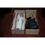 Two boxed Lady Diana porcelain portrait dolls by Franklin Mint. Approx 50cm tall
