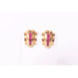 A pair of gold and synthetic ruby tapered hoop clip earrings, in odeonesque style, 11g gross