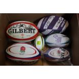 Rugby Union: a collection of six balls, one signed by five stars including Martin Johnson, Sean