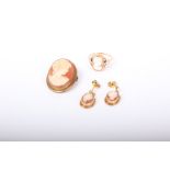 A group of modern shell cameo jewellery each depicting a female profile, comprising; a rectangular