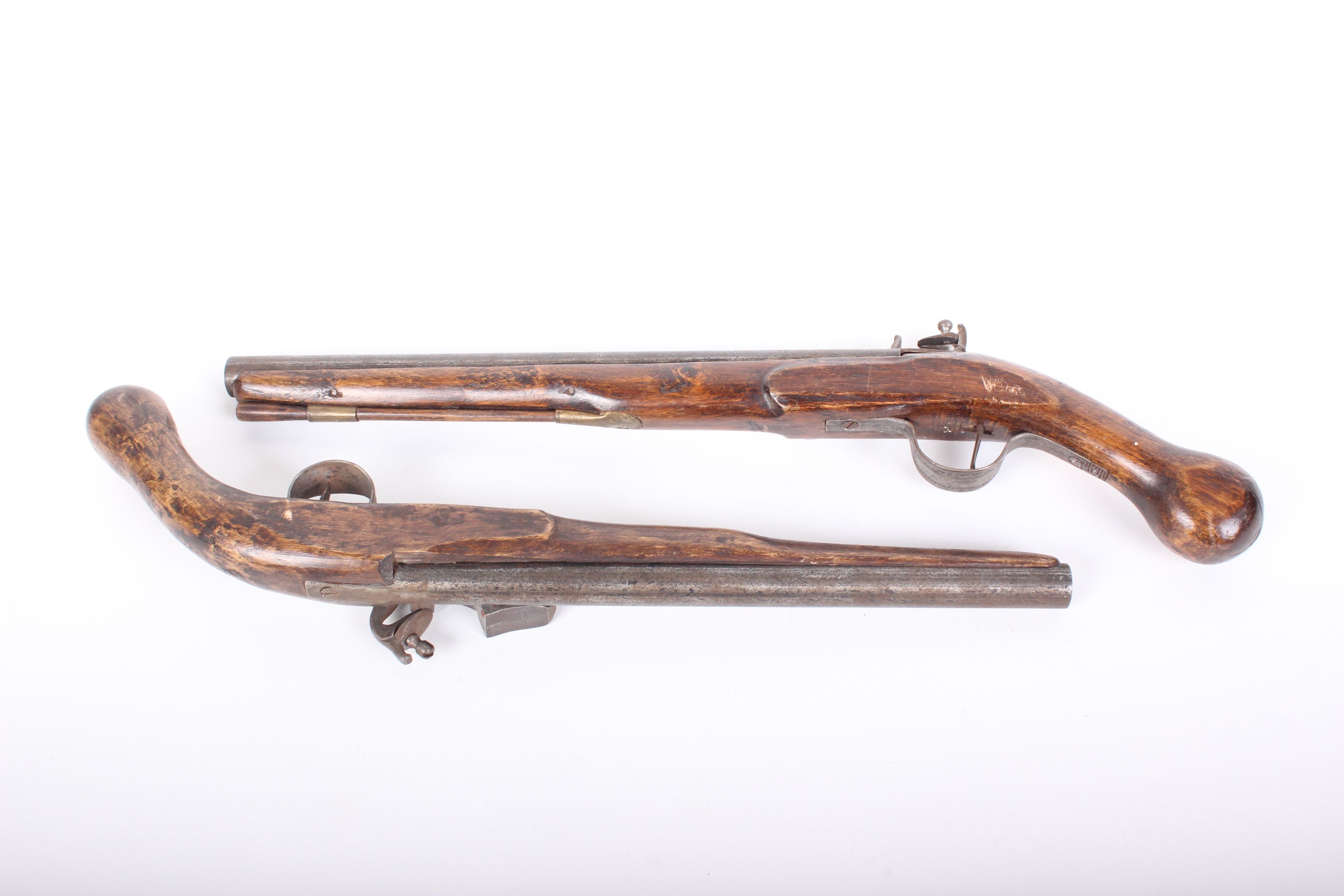 Two very similar reproduction 18th century style flint lock pistols52cm long - Image 2 of 2