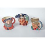Three large Royal Doulton character jugs: The Poacher D6429, Falstaff D6287, Long John Silver D6335