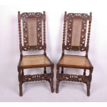 A set of four Jacobean design stained beech dining chairs, with a ratten panel back and seats