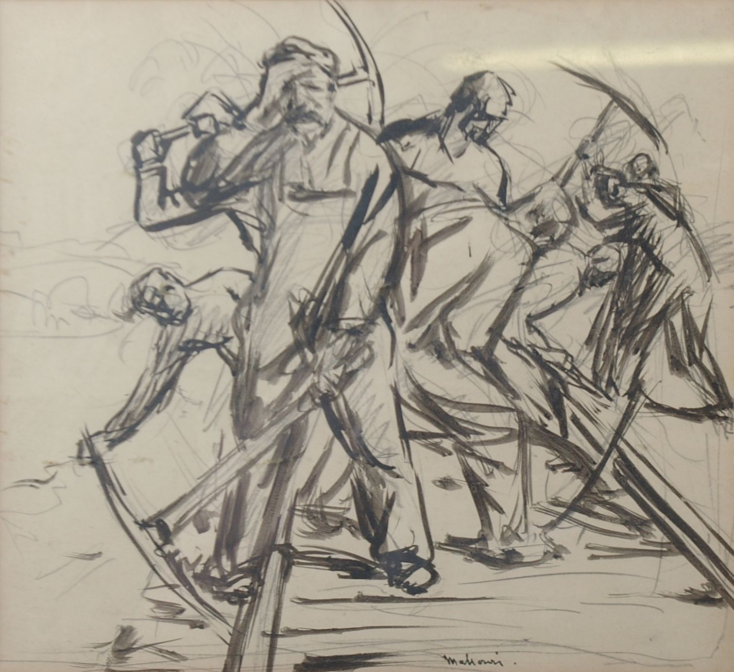 20th Century SchoolMen at work Preparatory sketch Indistinctly signed Mah... Together with an - Image 2 of 2