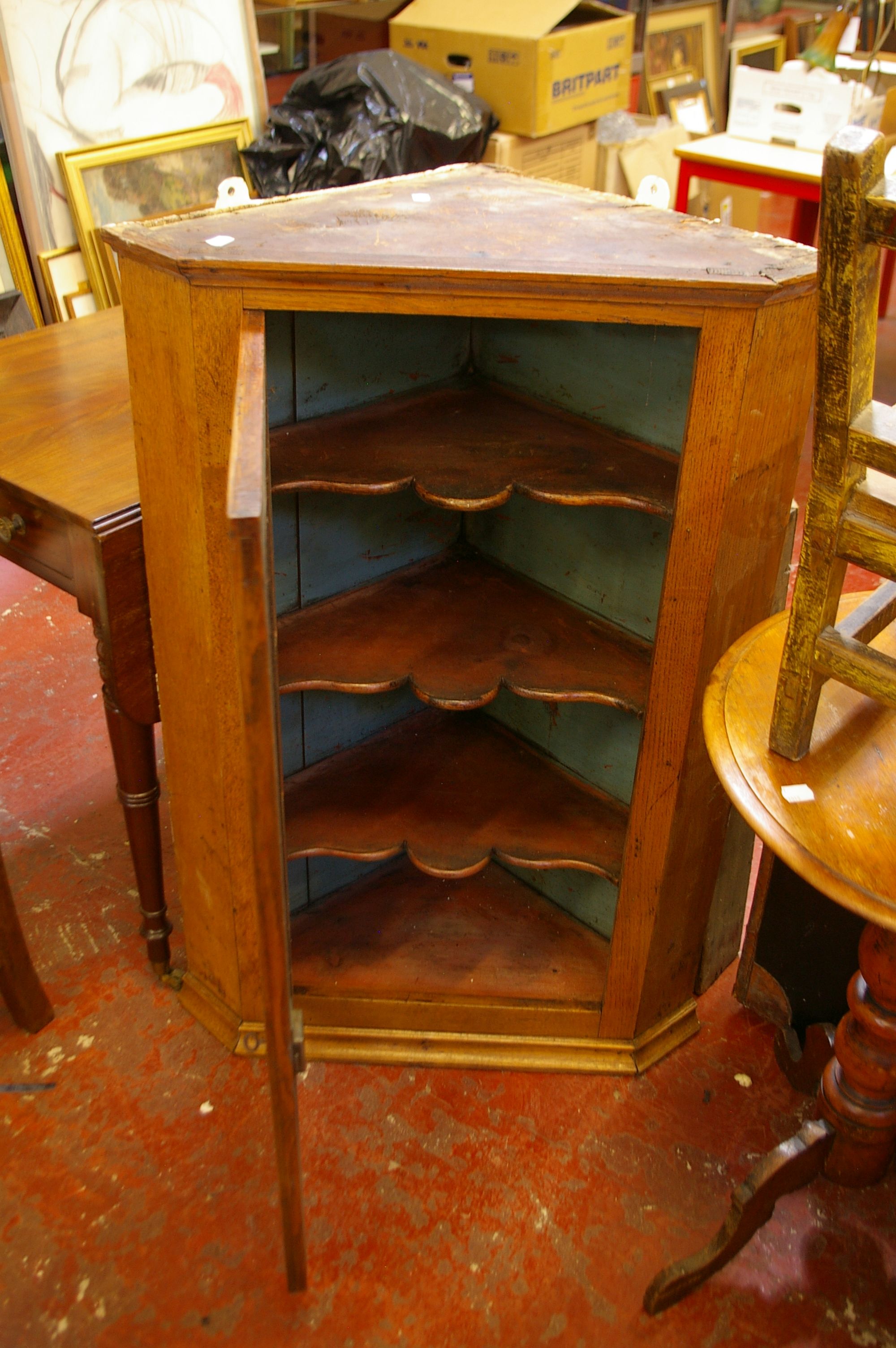 A 19th century oak hanging corner cabinet with astragal glazed door, 100cm high and a smaller pine