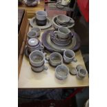 A collection of stoneware mostly table ware, modern and pair of scoop scales, vases etc