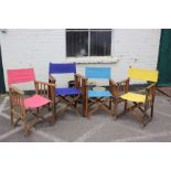 Four similar 20th century directors chairs with colourful canvas seats and backs