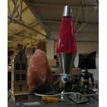 A crystal lamp, lava lamp, pen sets and assorted items of stationery.