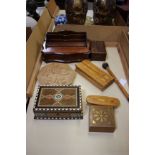 A mahogany Victorian style desk tidy, a cribbage box with an inlaid top, a gong beater and five