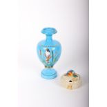 A late Victorian turquoise glass baluster form vase decorated with a Reed Warbler; together with a