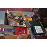 Mixed toys: two boxed sets Dominoes, set French bowls, boxed Wentworth wooden puzzle, a guitar,