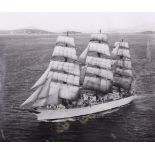 A large black and white photograph of a sailing tall ship 49 x 59cm