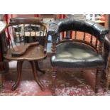 A Victorian captains chair with turned mahogany frame, leather covered together with an Edwardian