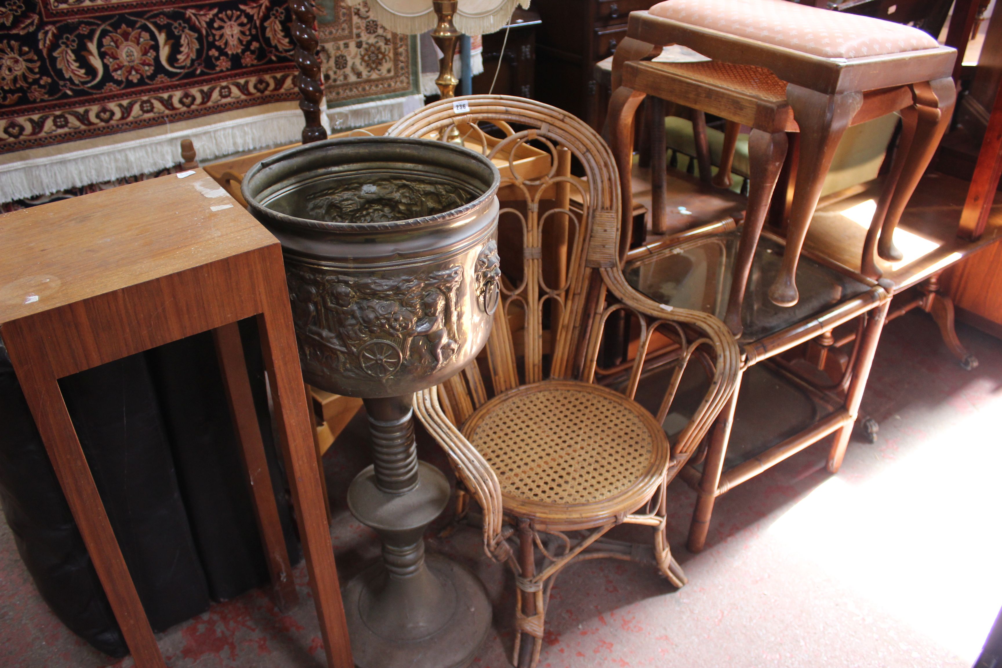 Mixed lot: two dressing stools, cane armchair, brass jardiniere, pot stand, etc