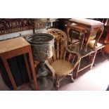Mixed lot: two dressing stools, cane armchair, brass jardiniere, pot stand, etc